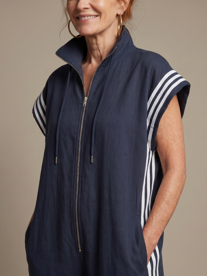 Lark | Jumpsuit s krátkými rukávy, zipem a bočními pruhovanými panely