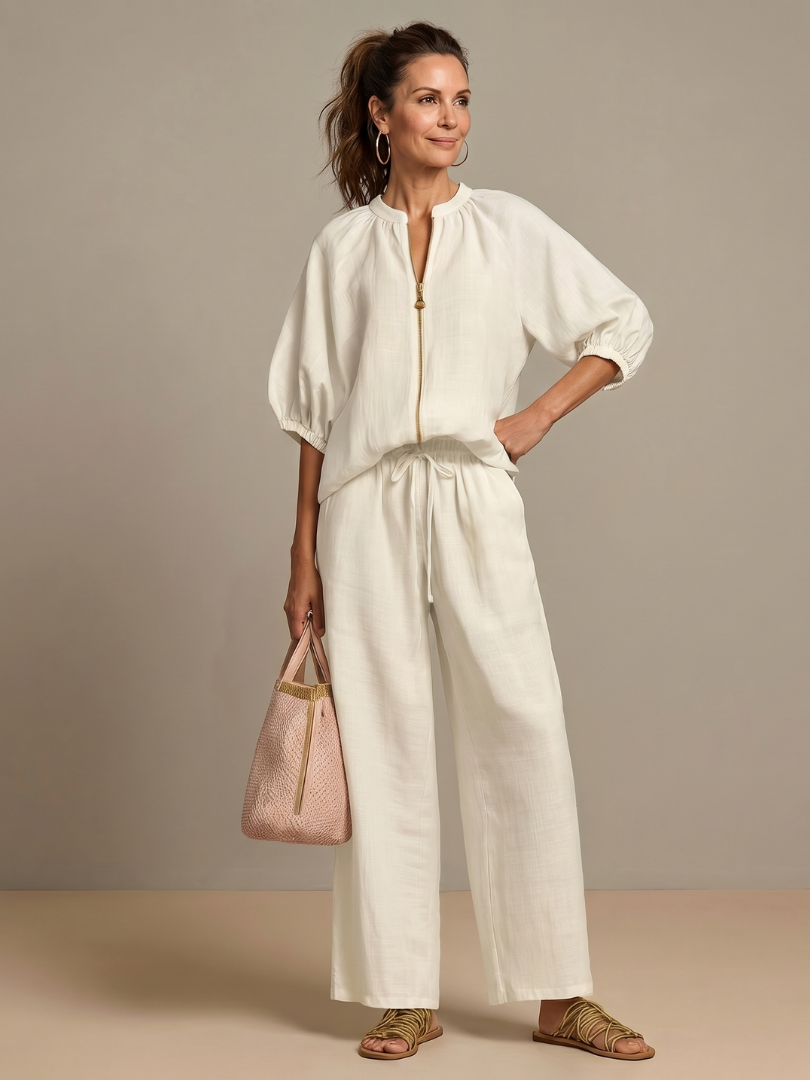 Natalia | Souprava s blouson halenkou se zipem a volně střiženými kalhotami
