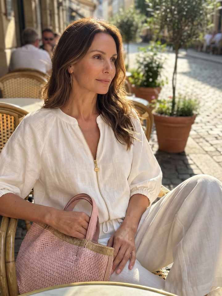 Natalia | Souprava s blouson halenkou se zipem a volně střiženými kalhotami