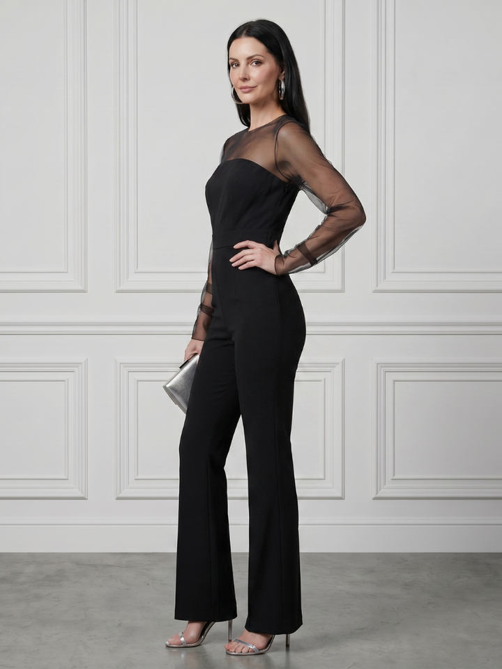 Oksana | Taillovaný jumpsuit s průhlednými rukávy a širokými nohavicemi