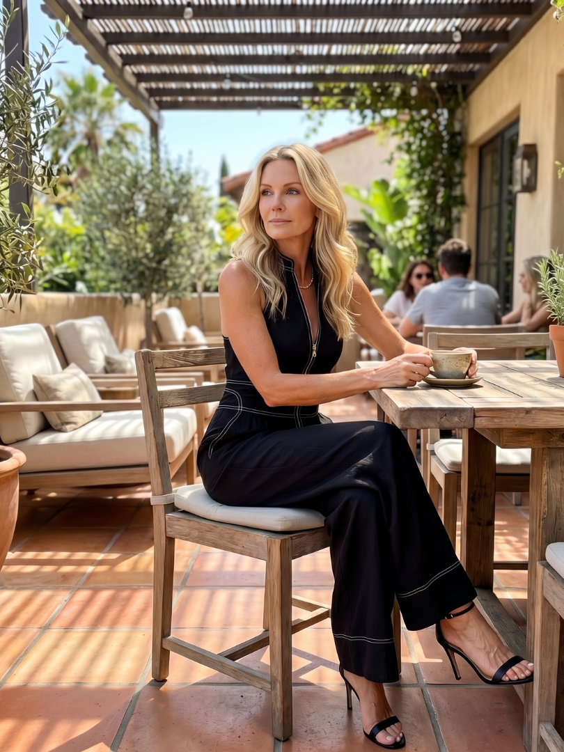 Dara | Jumpsuit s halter výstřihem, zipem a kontrastním stehem