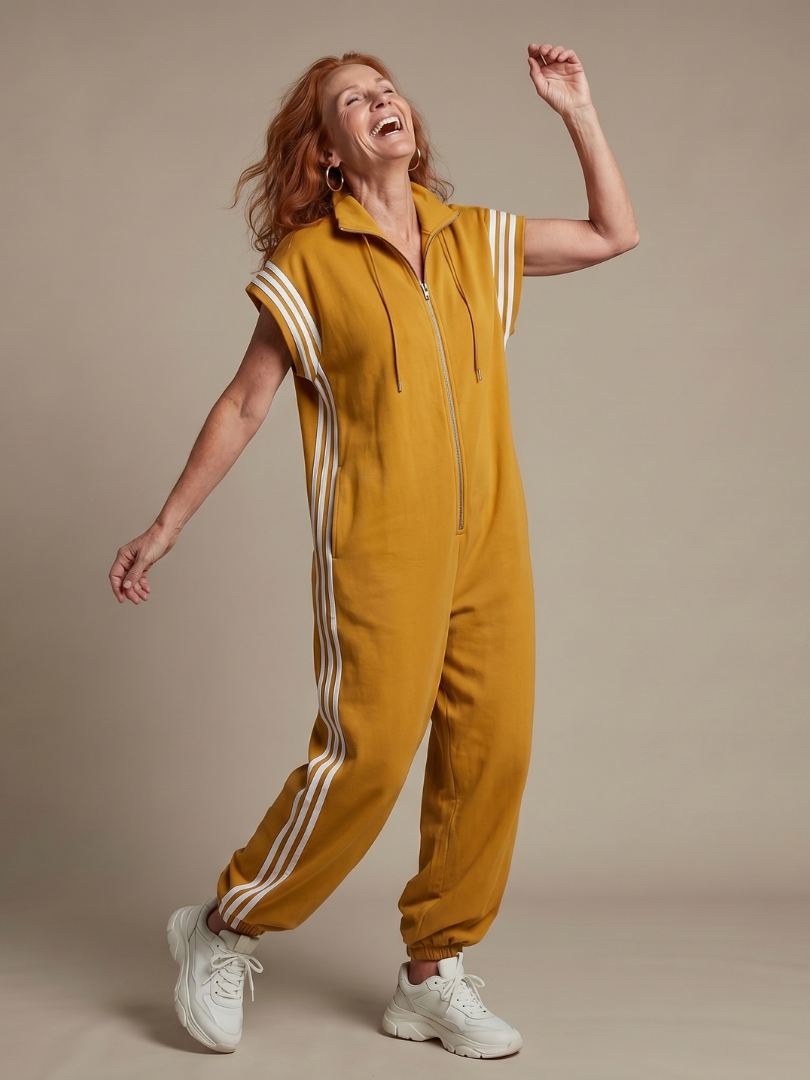 Lark | Jumpsuit s krátkými rukávy, zipem a bočními pruhovanými panely