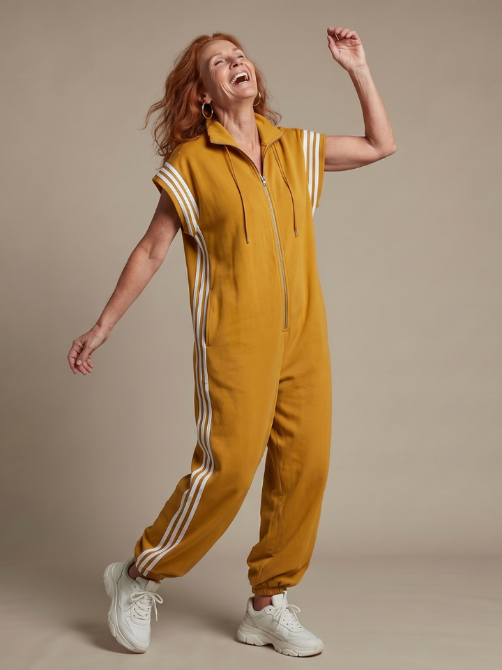 Lark | Jumpsuit s krátkými rukávy, zipem a bočními pruhovanými panely