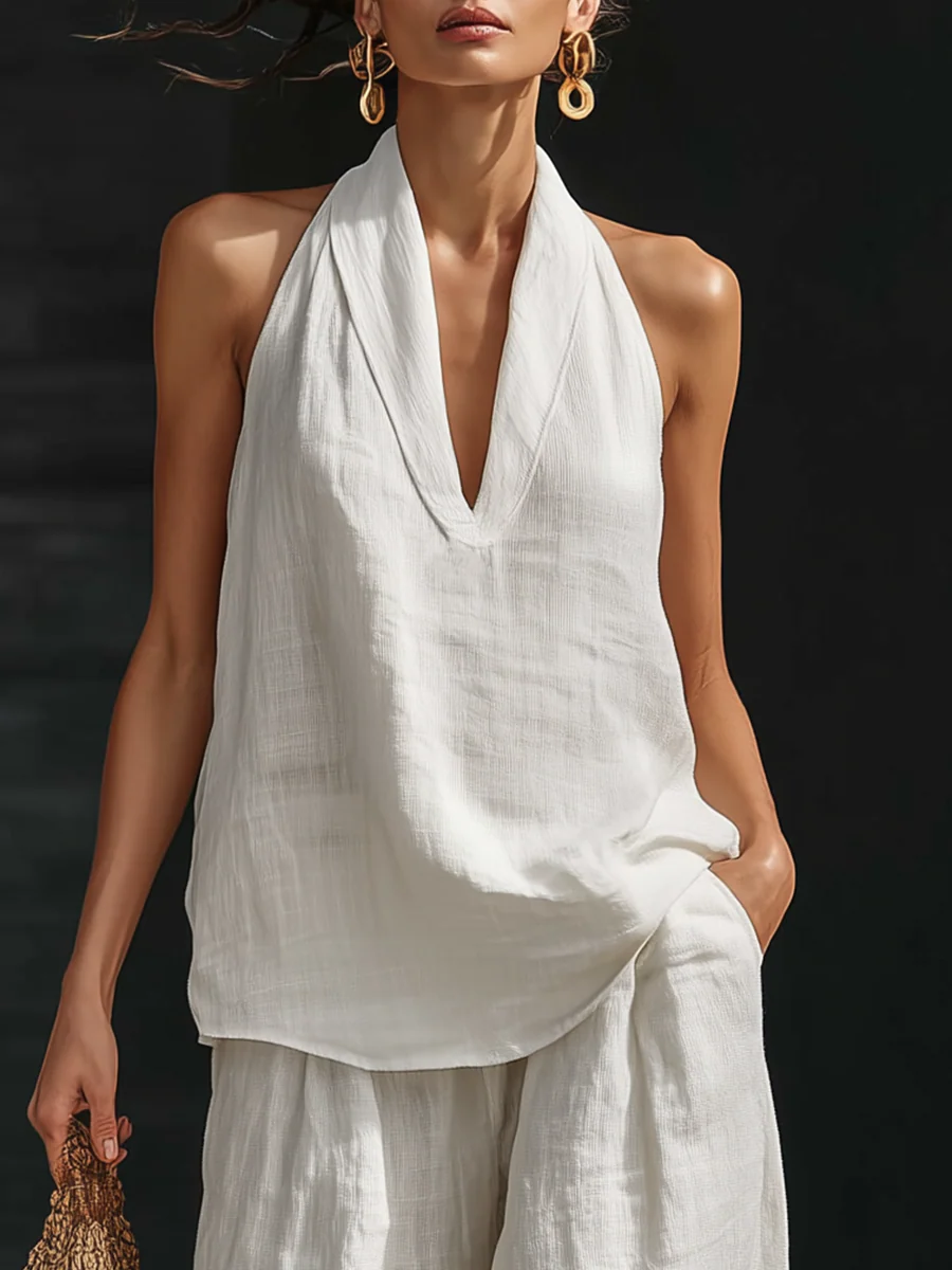 Marie — Elegantní bezrukávový set s volnými kalhotami